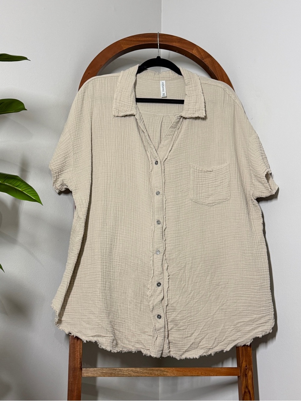 Zenana 2X Cream 100% Cotton Gauze Short Sleeve Blouse Top